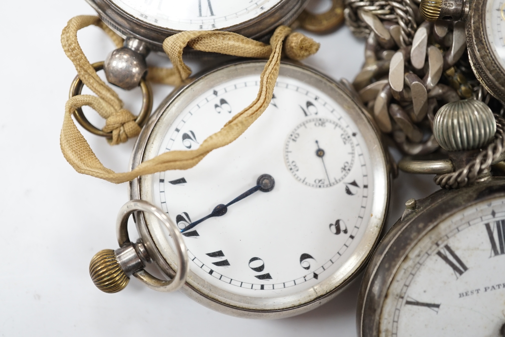 Three assorted silver pocket watches, including a hunter by Cometti, Lewes, two white metal pocket watches and two Swiss white metal fob watches, together with assorted chains including 925. Condition - poor to fair